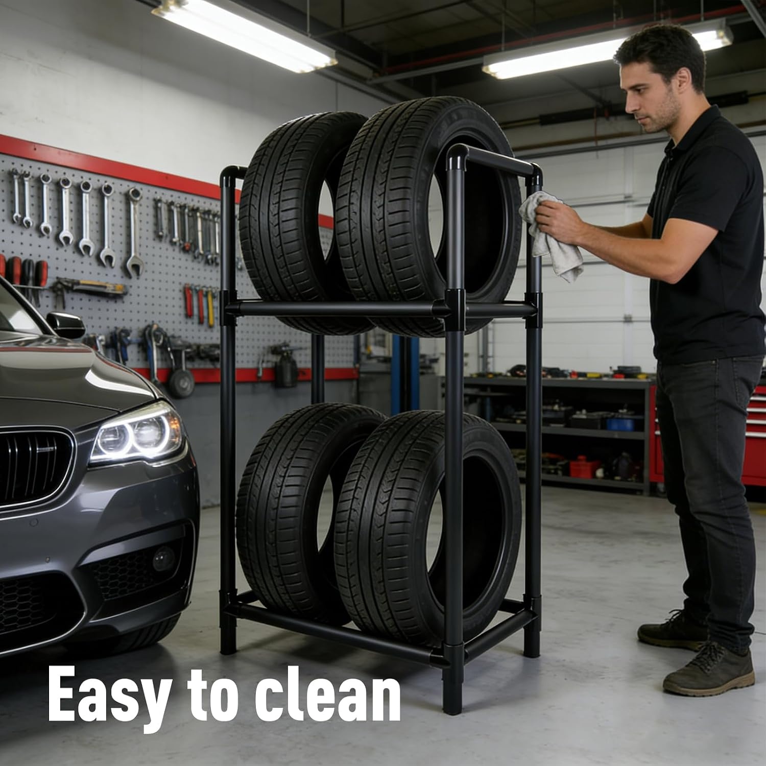 Rim Boom Tire Stand for 4 Tyres, Height Adjustable Tire Rack, Robust Steel Construction, Tyre Stand for Garage & Workshop (57.2 x 37.3 x 114.5 cm)