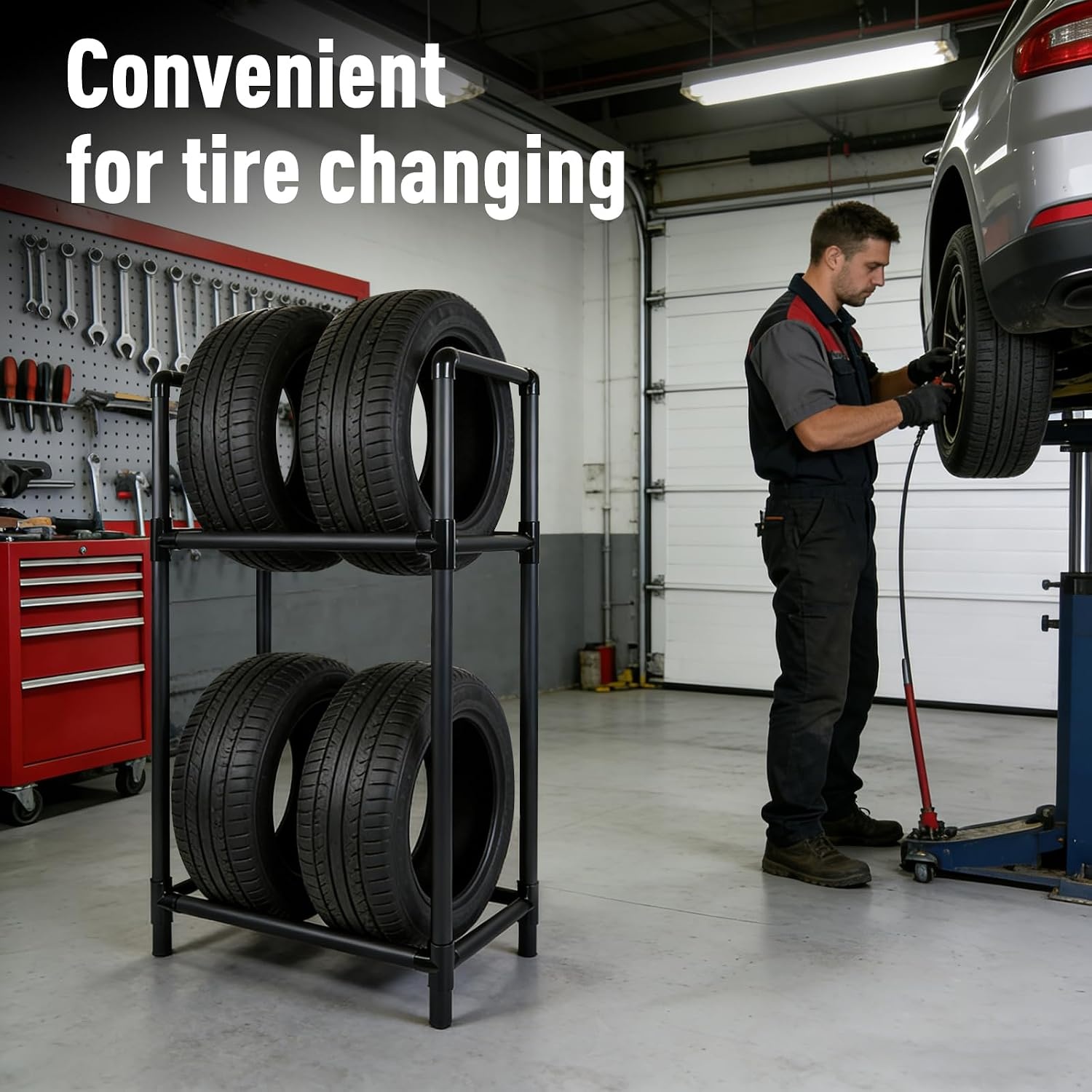 Rim Boom Tire Stand for 4 Tyres, Height Adjustable Tire Rack, Robust Steel Construction, Tyre Stand for Garage & Workshop (57.2 x 37.3 x 114.5 cm)