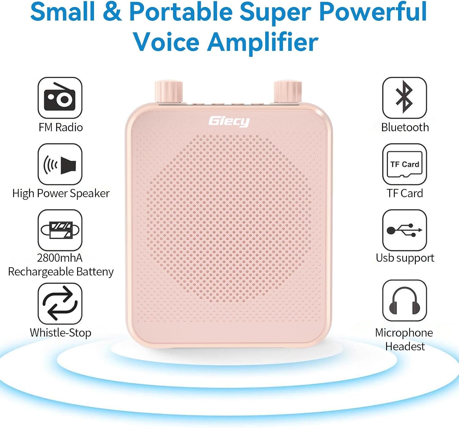 Draagbare Spraakversterker(30W) met 7.4V/2800mAh Lithium Batterij (Roségoud)