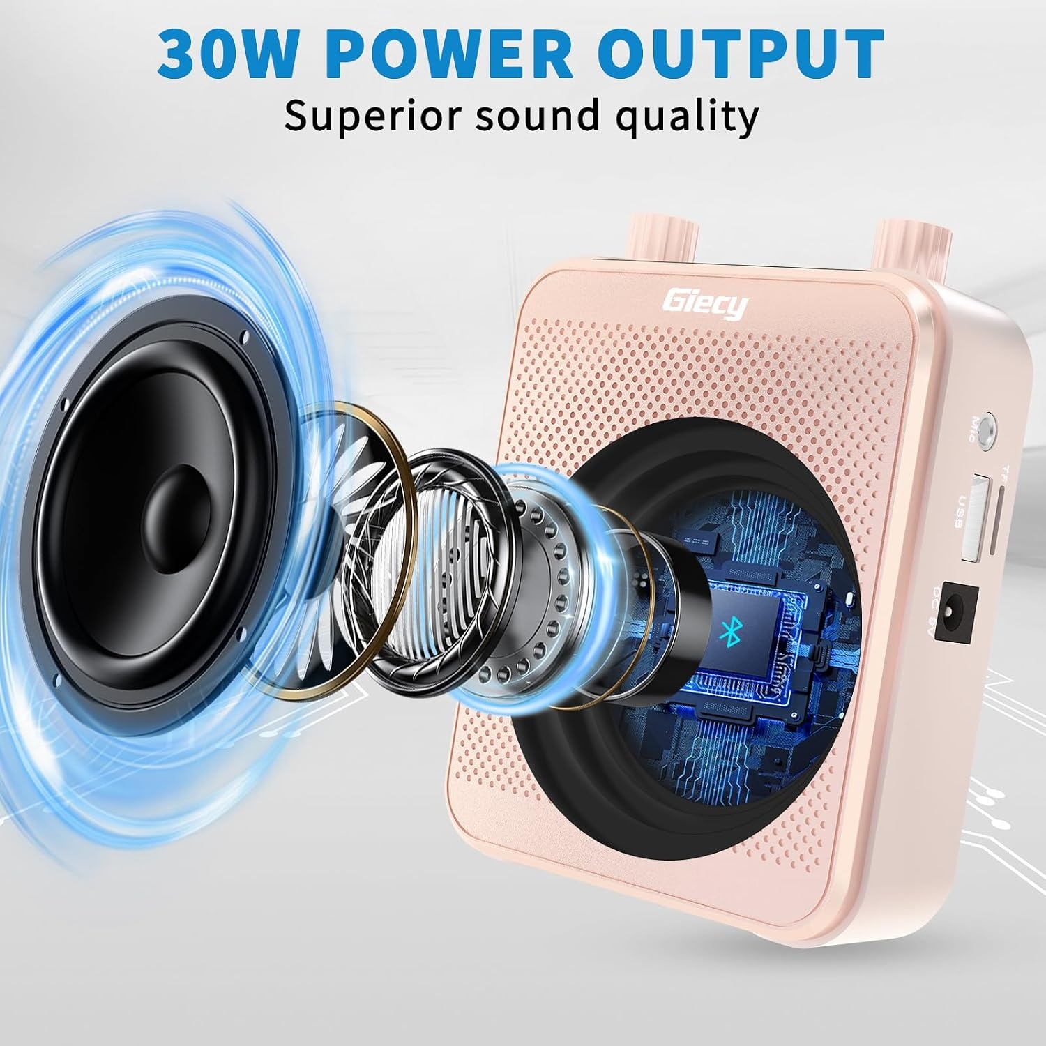 Draagbare Spraakversterker(30W) met 7.4V/2800mAh Lithium Batterij (Roségoud)