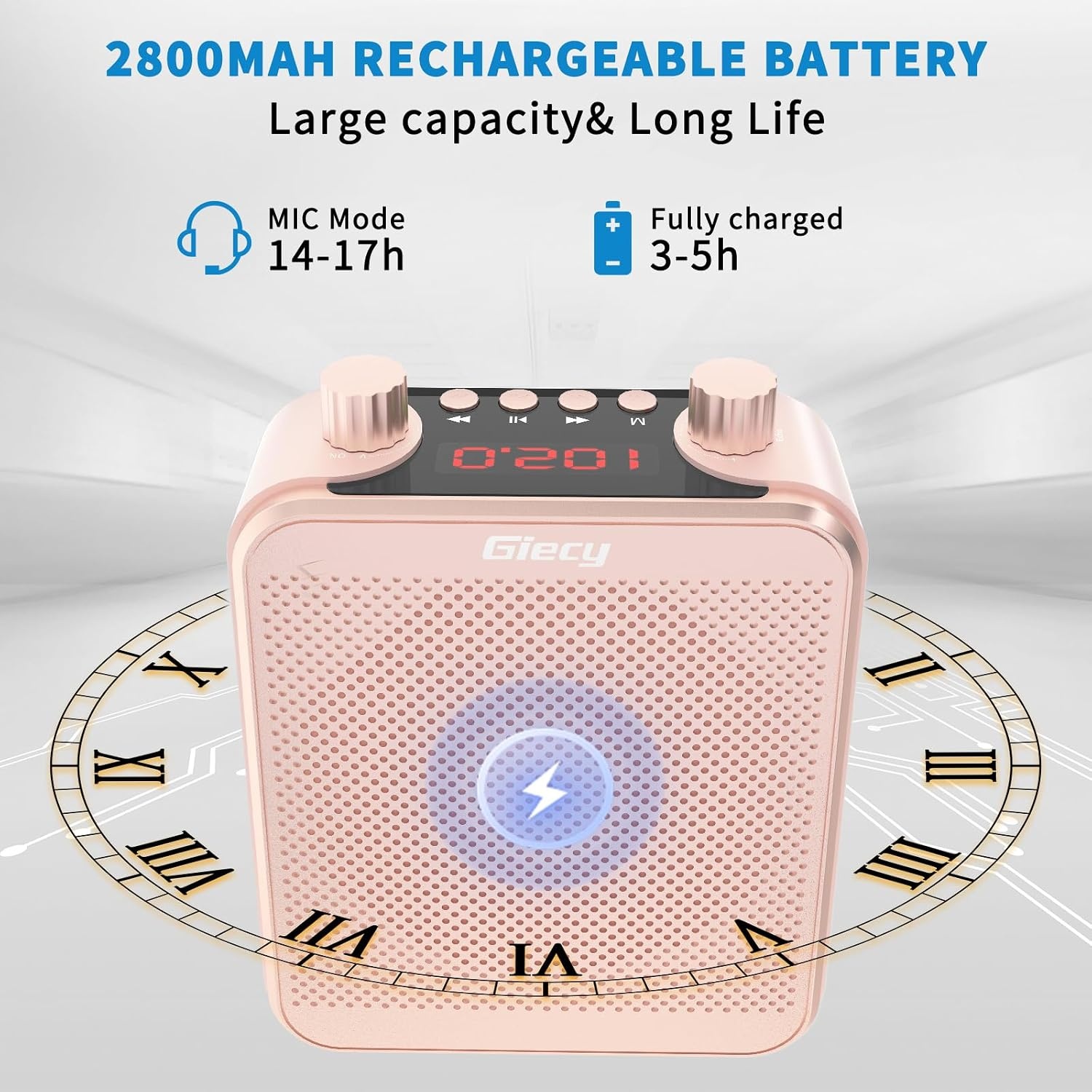 Draagbare Spraakversterker(30W) met 7.4V/2800mAh Lithium Batterij (Roségoud)