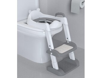 Xespis Toiletbril voor kinderen met trap, toilettrainer voor kinderen, wc-bril met PU gevoerd, in hoogte verstelbaar en opvouwbaar, antislip met spatbescherming, toiletopzetstuk voor kinderen (wit, grijs)