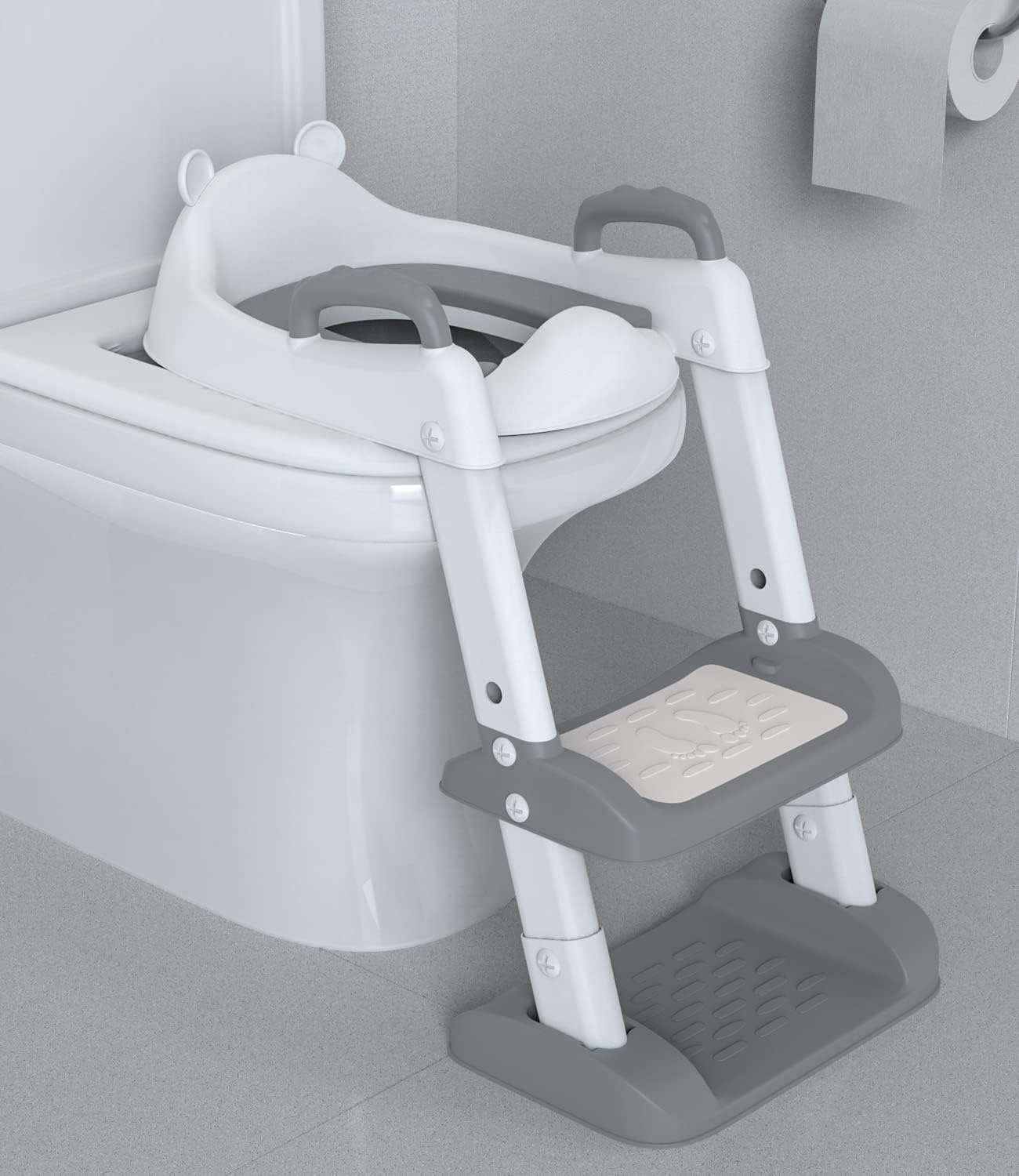 Xespis Toiletbril voor kinderen met trap, toilettrainer voor kinderen, wc-bril met PU gevoerd, in hoogte verstelbaar en opvouwbaar, antislip met spatbescherming, toiletopzetstuk voor kinderen (wit, grijs)