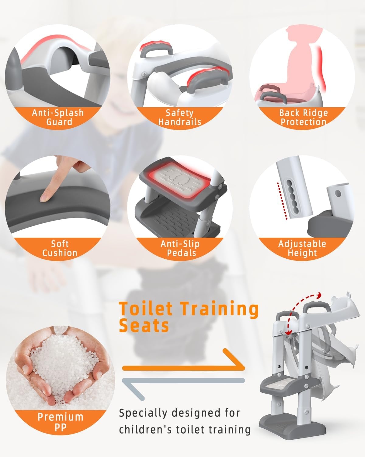 Xespis Toiletbril voor kinderen met trap, toilettrainer voor kinderen, wc-bril met PU gevoerd, in hoogte verstelbaar en opvouwbaar, antislip met spatbescherming, toiletopzetstuk voor kinderen (wit, grijs)