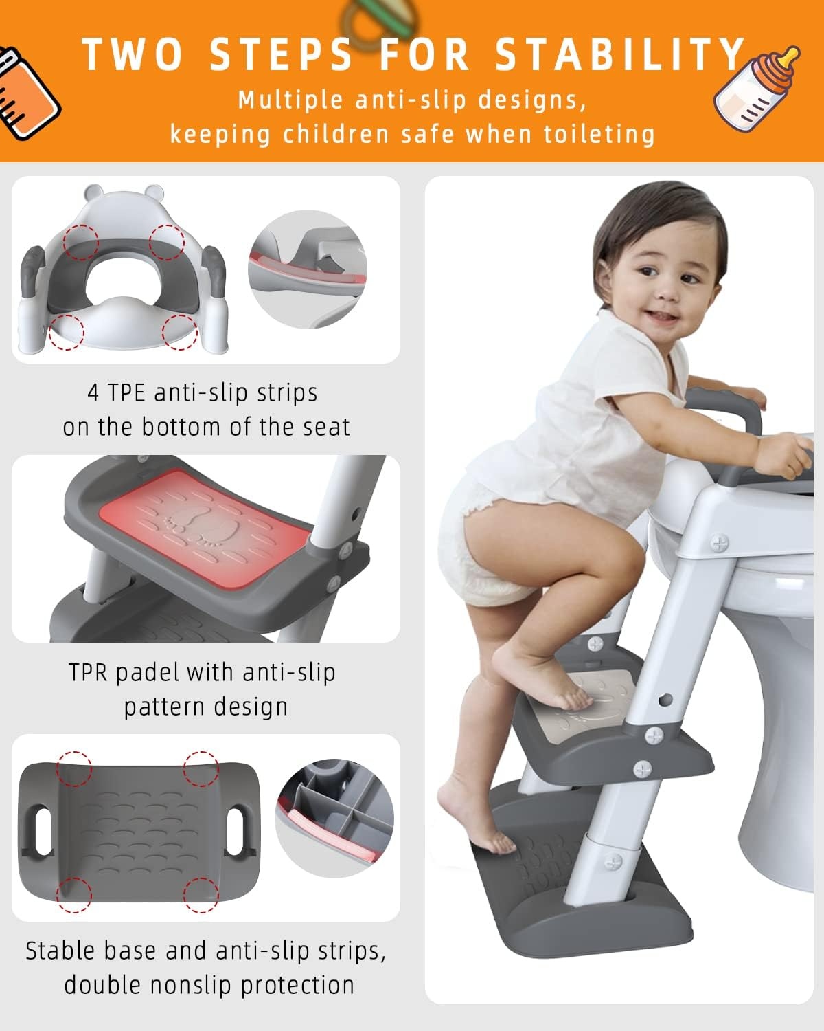 Xespis Toiletbril voor kinderen met trap, toilettrainer voor kinderen, wc-bril met PU gevoerd, in hoogte verstelbaar en opvouwbaar, antislip met spatbescherming, toiletopzetstuk voor kinderen (wit, grijs)