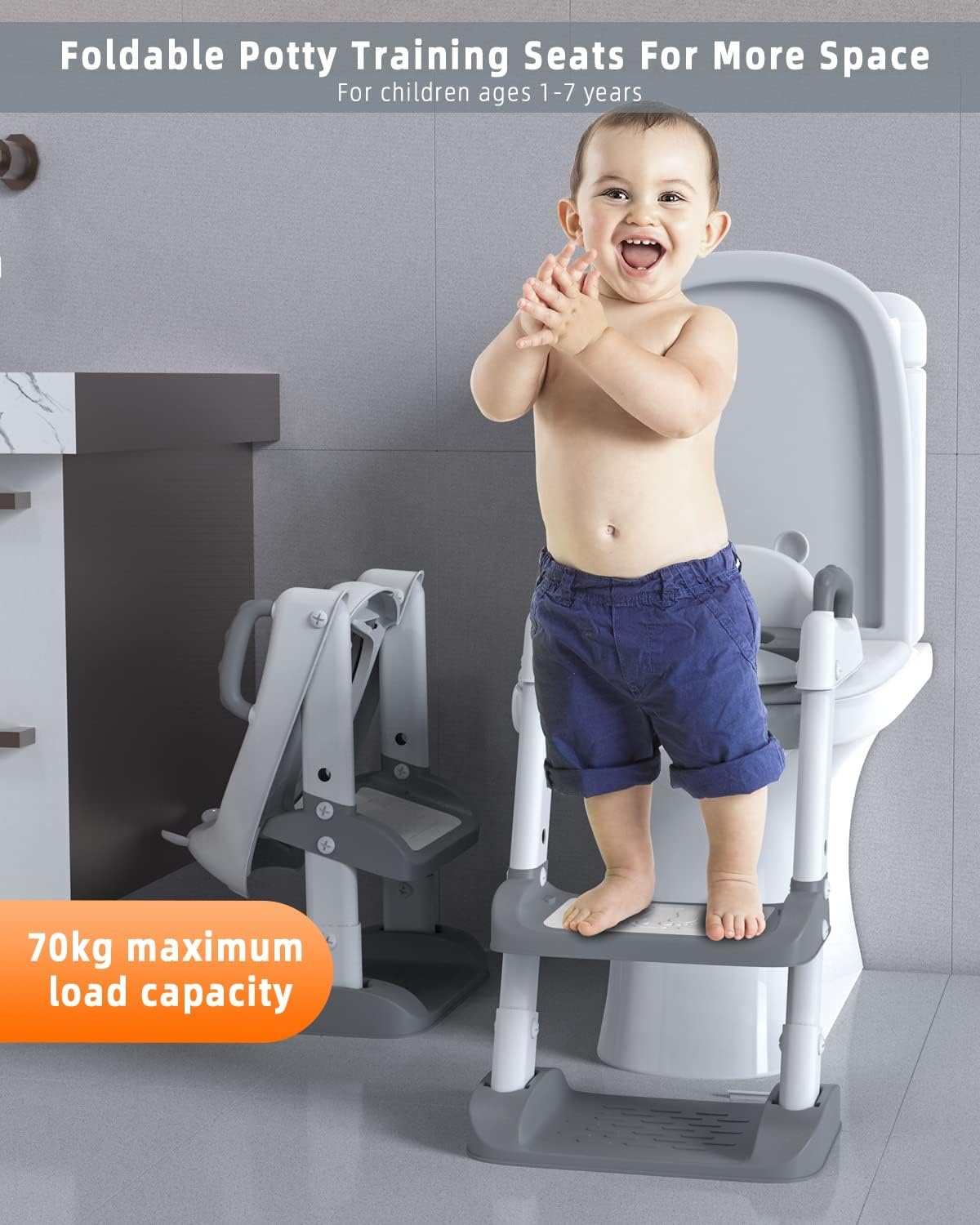 Xespis Toiletbril voor kinderen met trap, toilettrainer voor kinderen, wc-bril met PU gevoerd, in hoogte verstelbaar en opvouwbaar, antislip met spatbescherming, toiletopzetstuk voor kinderen (wit, grijs)