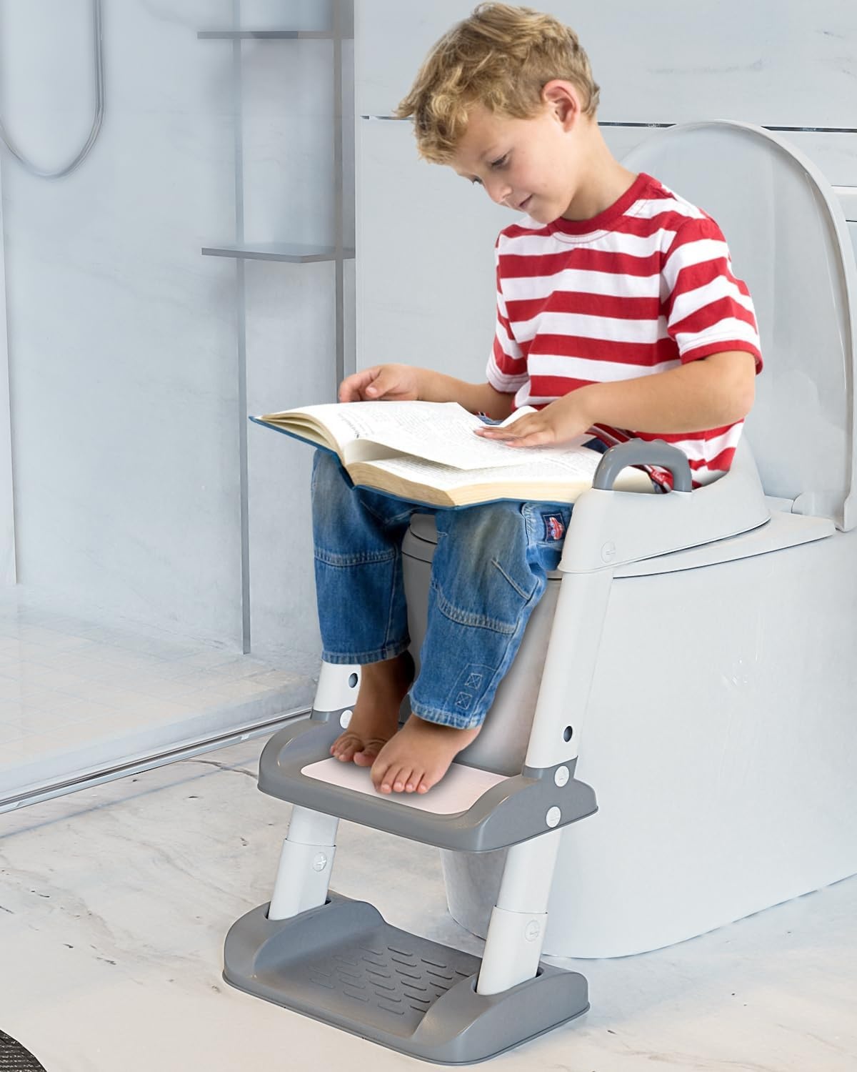 Xespis Toiletbril voor kinderen met trap, toilettrainer voor kinderen, wc-bril met PU gevoerd, in hoogte verstelbaar en opvouwbaar, antislip met spatbescherming, toiletopzetstuk voor kinderen (wit, grijs)