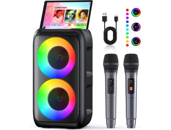 Karaokemachine met 2 Microfoons (2026 Versie) | Luidsprekers 2 x 15 W met Oplaadbare Microfoon voor Kinderen en Volwassenen | 10 Uur Speeltijd | Ondersteunt TV/Telefoon/TWS/AUX | Voor Feestjes/Buiten