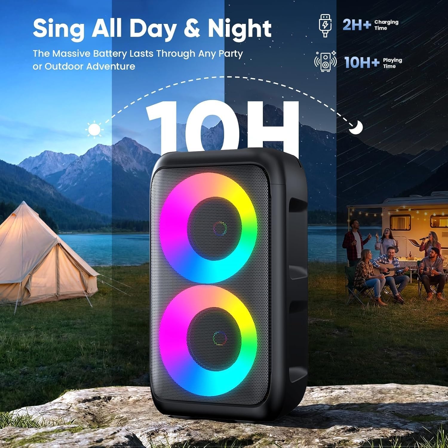 Karaokemachine met 2 Microfoons (2026 Versie) | Luidsprekers 2 x 15 W met Oplaadbare Microfoon voor Kinderen en Volwassenen | 10 Uur Speeltijd | Ondersteunt TV/Telefoon/TWS/AUX | Voor Feestjes/Buiten