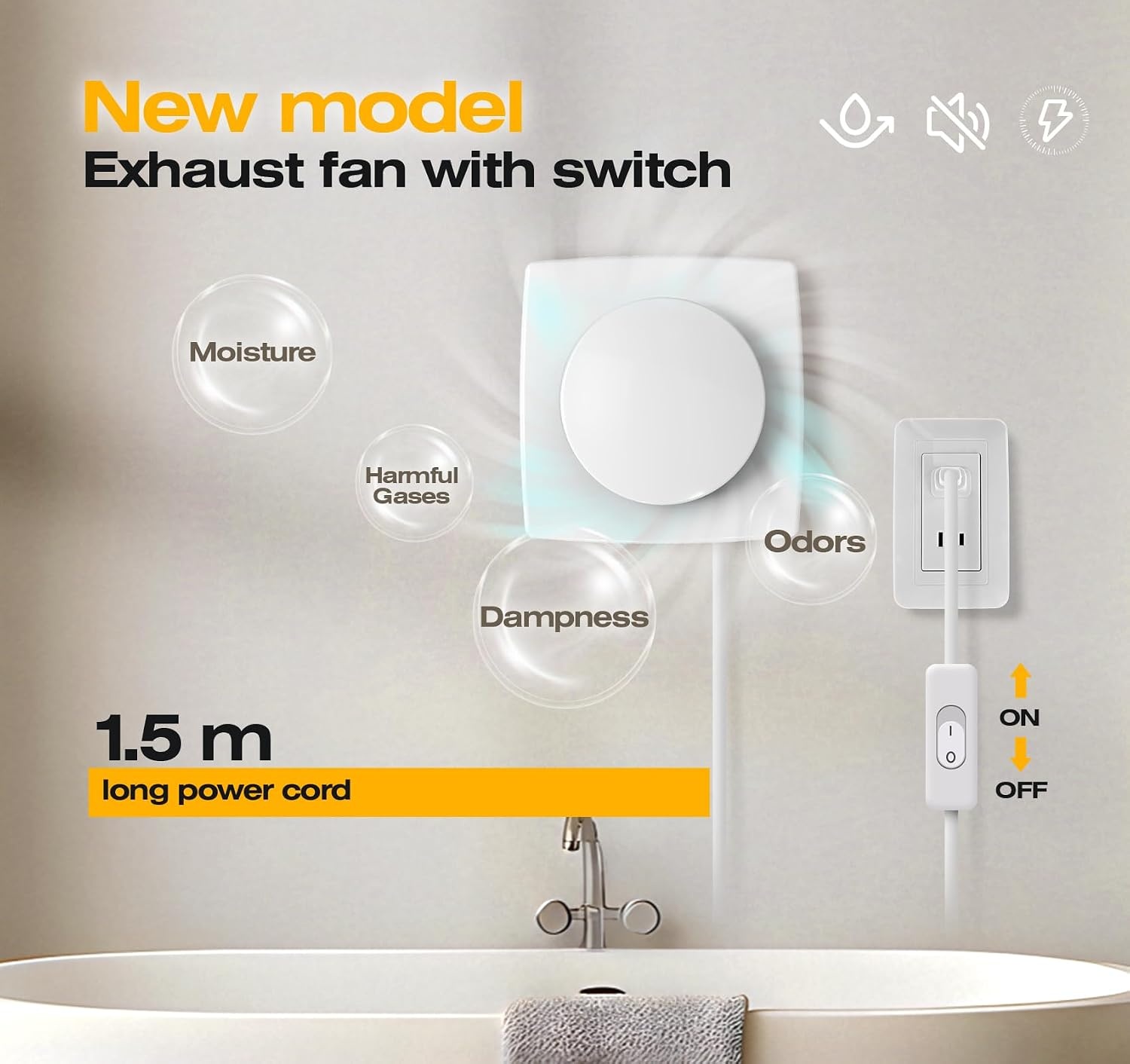 Badventilator 100mm met Schakelaar – 130m³/h Krachtige Ventilatie, Energiezuinig WC Ventilator – Stille Badkamer Ventilator met IPX4, Ideale Afzuigventilator voor WC, Kelder, Garage, Keuken
