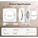 Badventilator 100mm met Schakelaar – 130m³/h Krachtige Ventilatie, Energiezuinig WC Ventilator – Stille Badkamer Ventilator met IPX4, Ideale Afzuigventilator voor WC, Kelder, Garage, Keuken