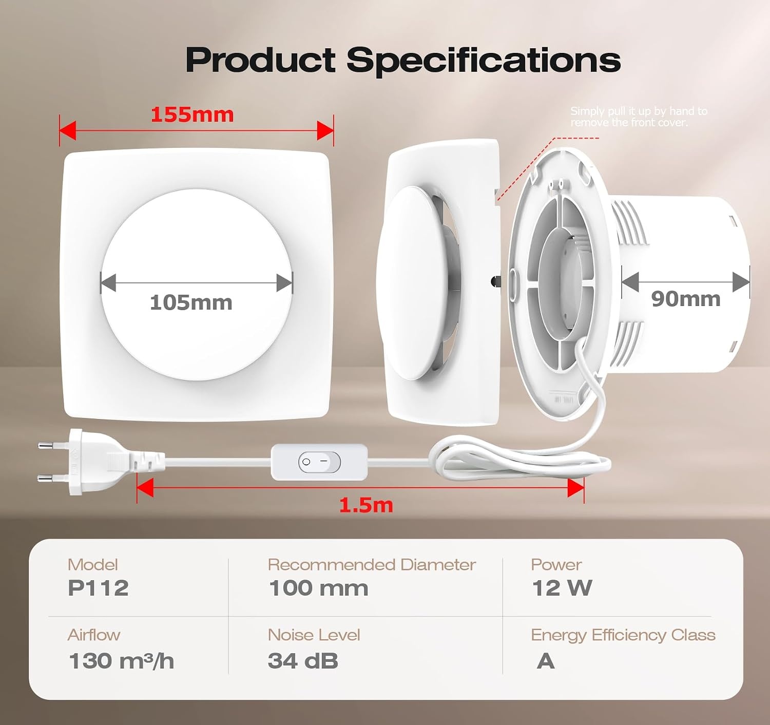 Badventilator 100mm met Schakelaar – 130m³/h Krachtige Ventilatie, Energiezuinig WC Ventilator – Stille Badkamer Ventilator met IPX4, Ideale Afzuigventilator voor WC, Kelder, Garage, Keuken