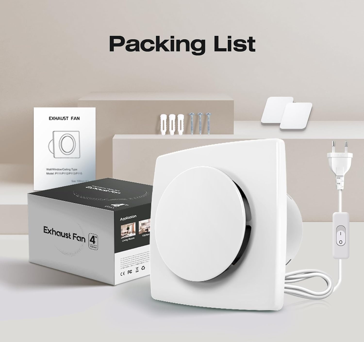 Badventilator 100mm met Schakelaar – 130m³/h Krachtige Ventilatie, Energiezuinig WC Ventilator – Stille Badkamer Ventilator met IPX4, Ideale Afzuigventilator voor WC, Kelder, Garage, Keuken