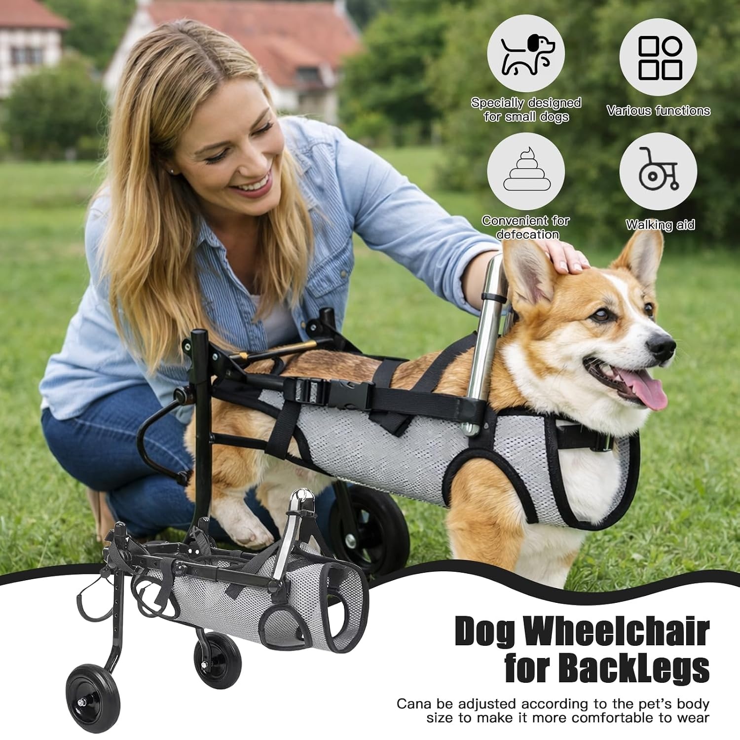 Dog Wheelchair for Rear Legs, Adjustable Mobility Aid Trolley with Breathable Mesh & Safety Buckles, Lightweight Aluminium Frame for Small Dogs/Cats, Ideal for Paralysis and Disability - Maat S (Gewicht: 3–5,5 kg)