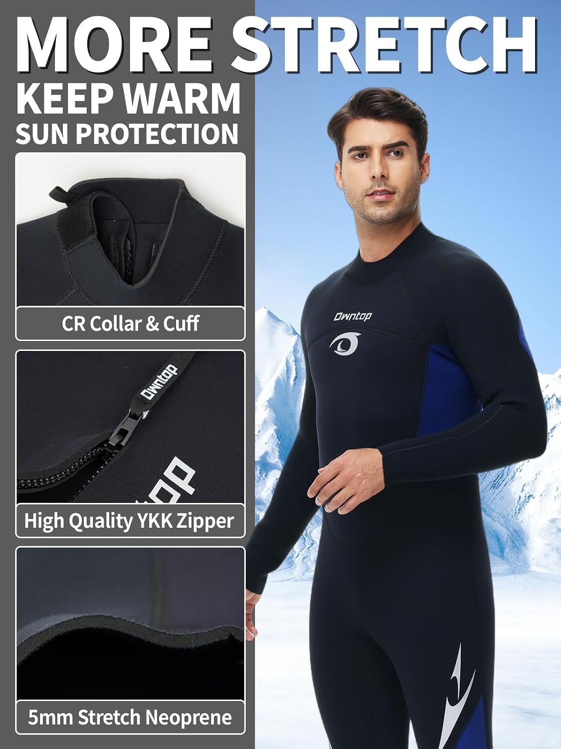 Owntop Wetsuit 5mm Neoprene Diving Suit for Mens Womens - Thicken Full Wet Suit, Back Zip Long Sleeve UPF50+ Keep Warm Swimwear for Scuba Surfing Swimming Diving Snorkeling Water Sports