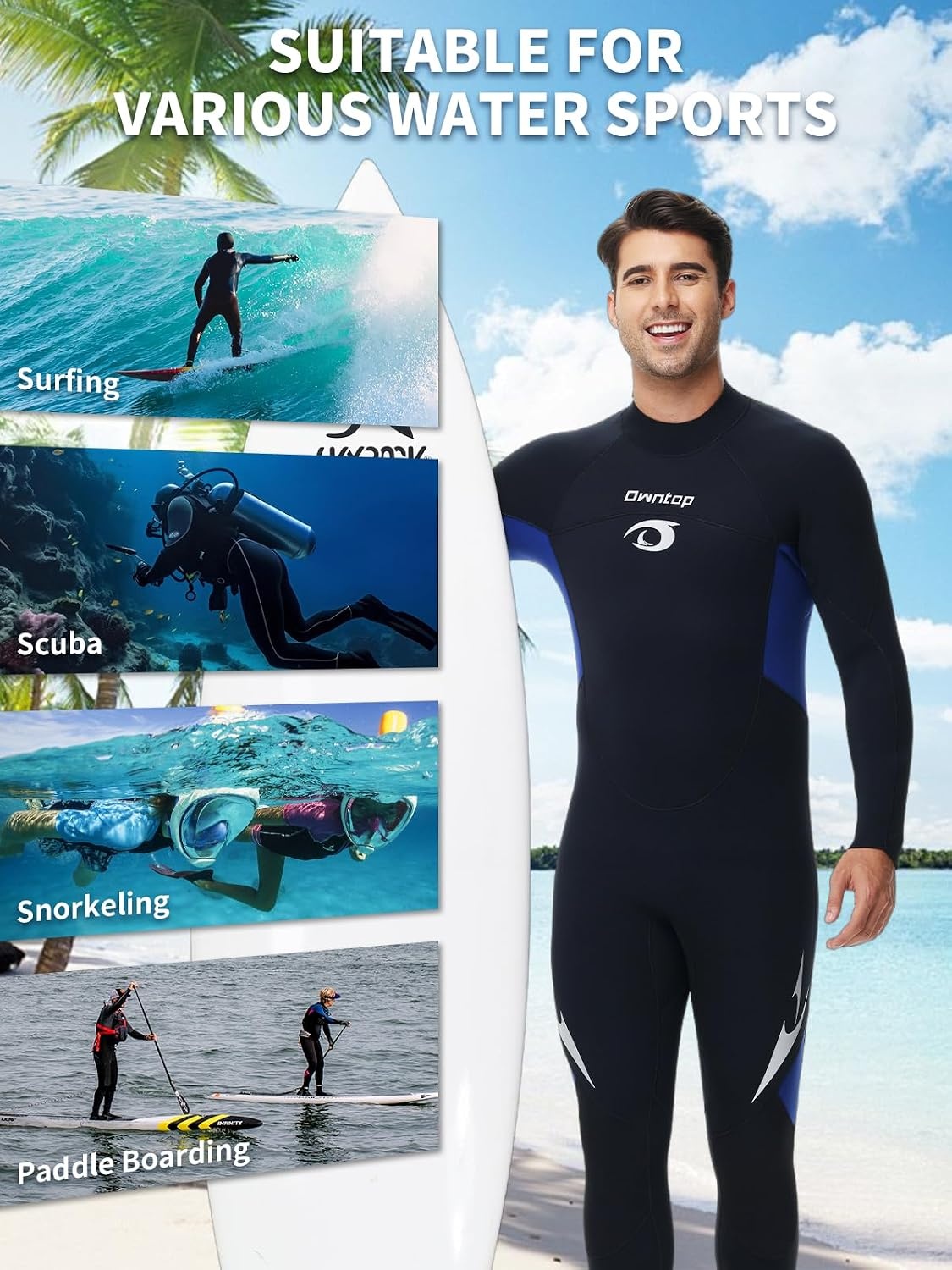 Owntop Wetsuit 5mm Neoprene Diving Suit for Mens Womens - Thicken Full Wet Suit, Back Zip Long Sleeve UPF50+ Keep Warm Swimwear for Scuba Surfing Swimming Diving Snorkeling Water Sports