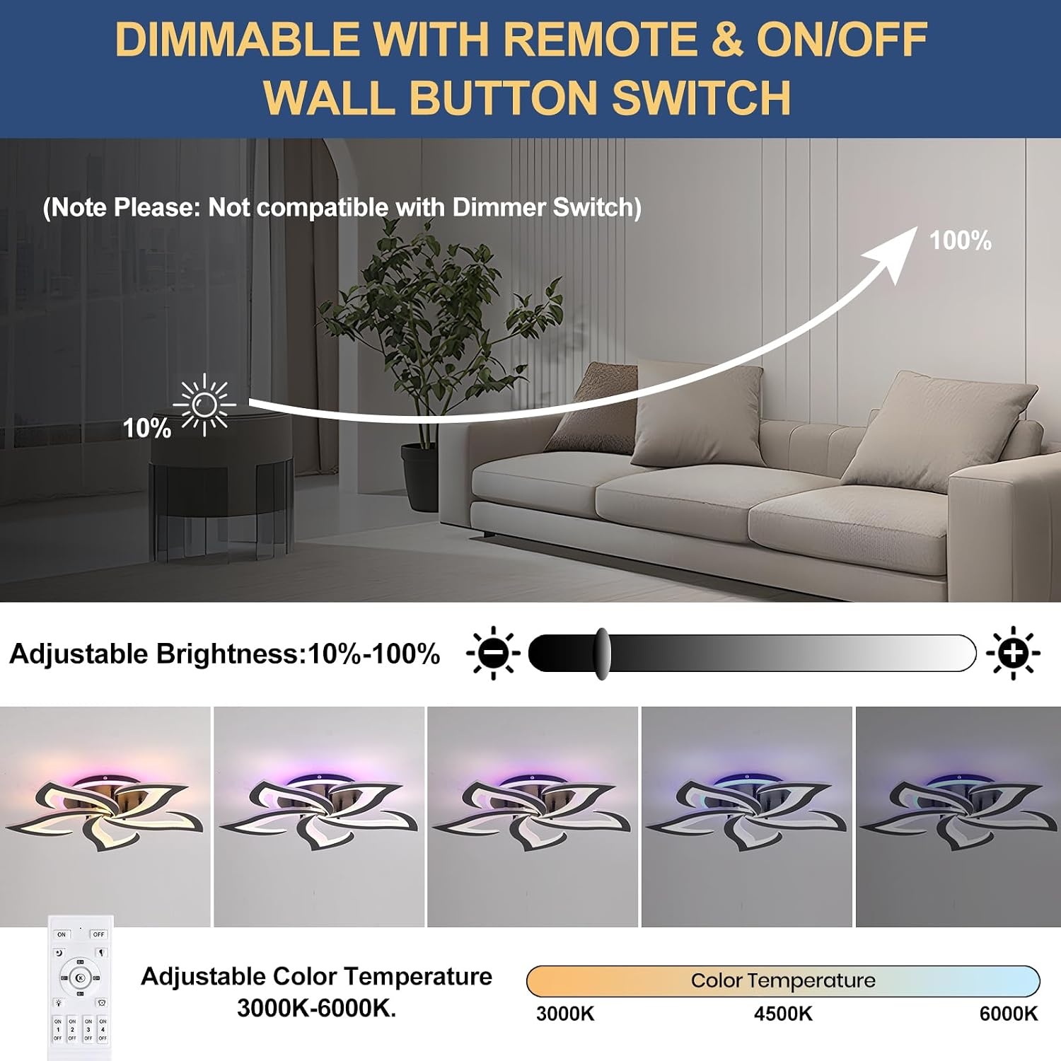 LED Plafondlamp, dimbaar, 50W Plafondverlichting met afstandsbediening,Petals Kroonluchters Plafondlamp voor Slaapkamer Woonkamer Keuken Speelkamer,3000-6000k, Zwart