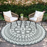 Capslpad Rond terrastapijt, diameter 180 cm, omkeerbaar, picknickmat, waterdicht, kunststof, strotapijt, boho, binnen, buiten, voor camper, achtertuin, balkon, picknick, strand, grijs