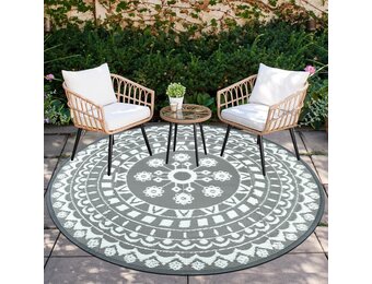 Capslpad Rond terrastapijt, diameter 180 cm, omkeerbaar, picknickmat, waterdicht, kunststof, strotapijt, boho, binnen, buiten, voor camper, achtertuin, balkon, picknick, strand, grijs