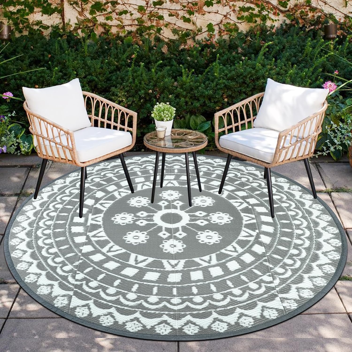 Capslpad Rond terrastapijt, diameter 180 cm, omkeerbaar, picknickmat, waterdicht, kunststof, strotapijt, boho, binnen, buiten, voor camper, achtertuin, balkon, picknick, strand, grijs
