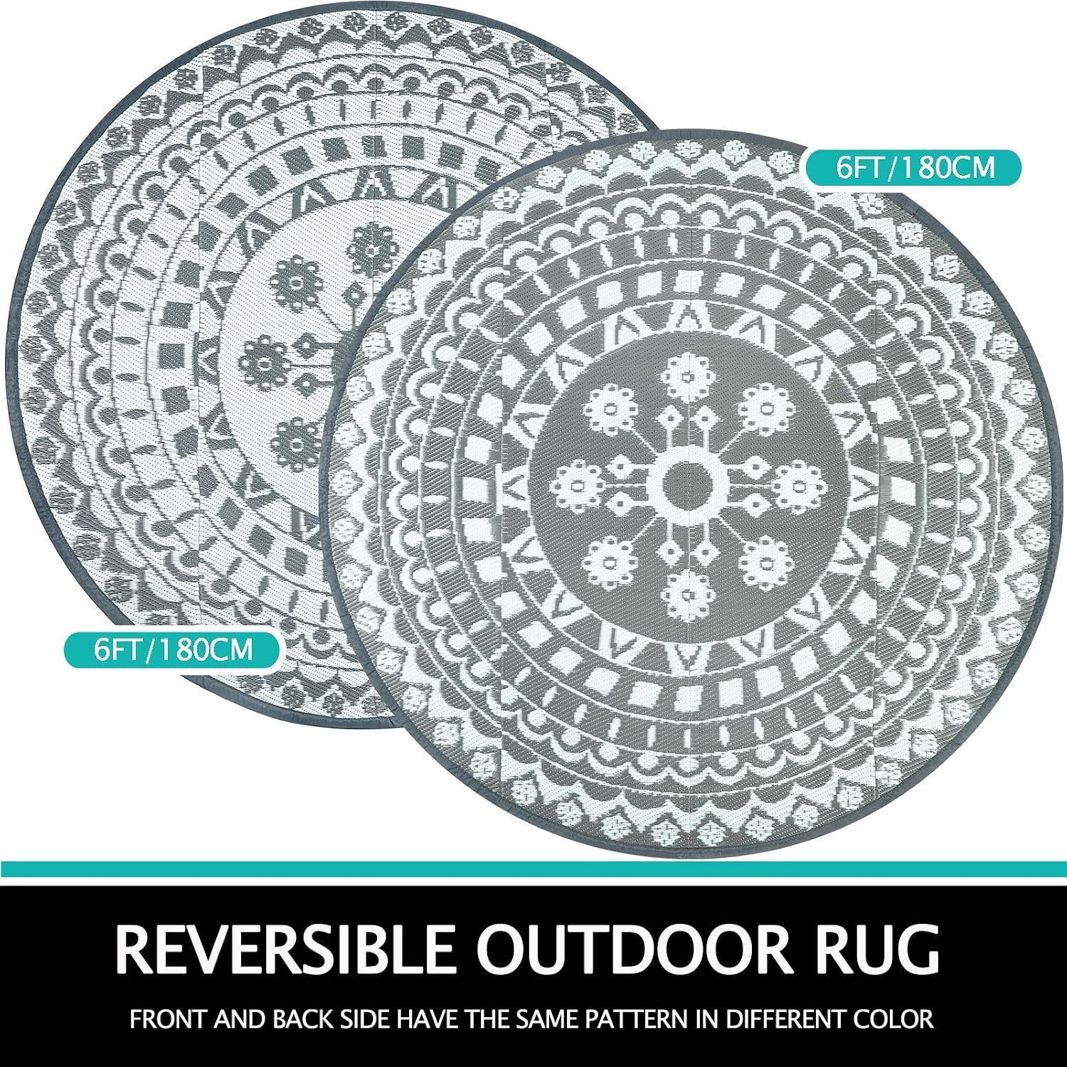 Capslpad Rond terrastapijt, diameter 180 cm, omkeerbaar, picknickmat, waterdicht, kunststof, strotapijt, boho, binnen, buiten, voor camper, achtertuin, balkon, picknick, strand, grijs