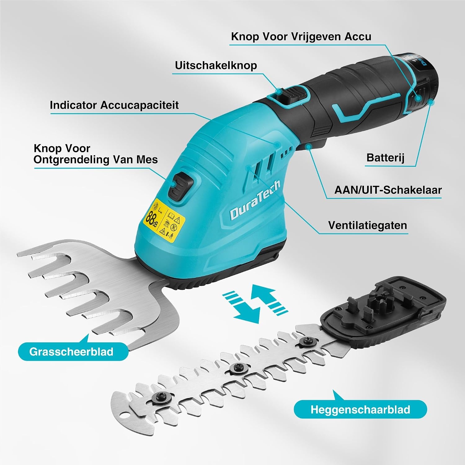 DURATECH 12V accu heggenschaar met telescoopsteel, 2-in-1 tuinschaar accu met 2Ah accupak & oplader, grasrandensnijder elektrische grasschaar, grastrimmer voor tuinieren