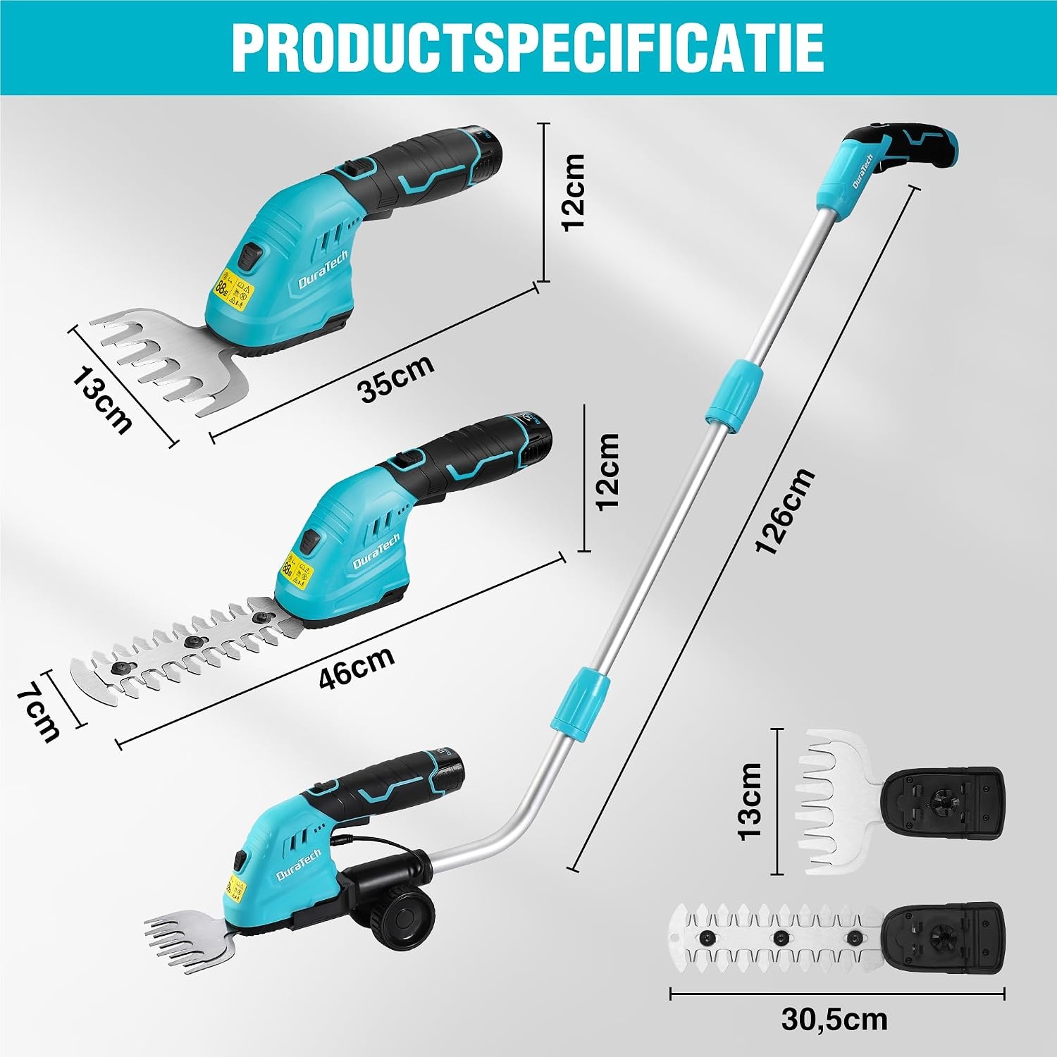 DURATECH 12V accu heggenschaar met telescoopsteel, 2-in-1 tuinschaar accu met 2Ah accupak & oplader, grasrandensnijder elektrische grasschaar, grastrimmer voor tuinieren