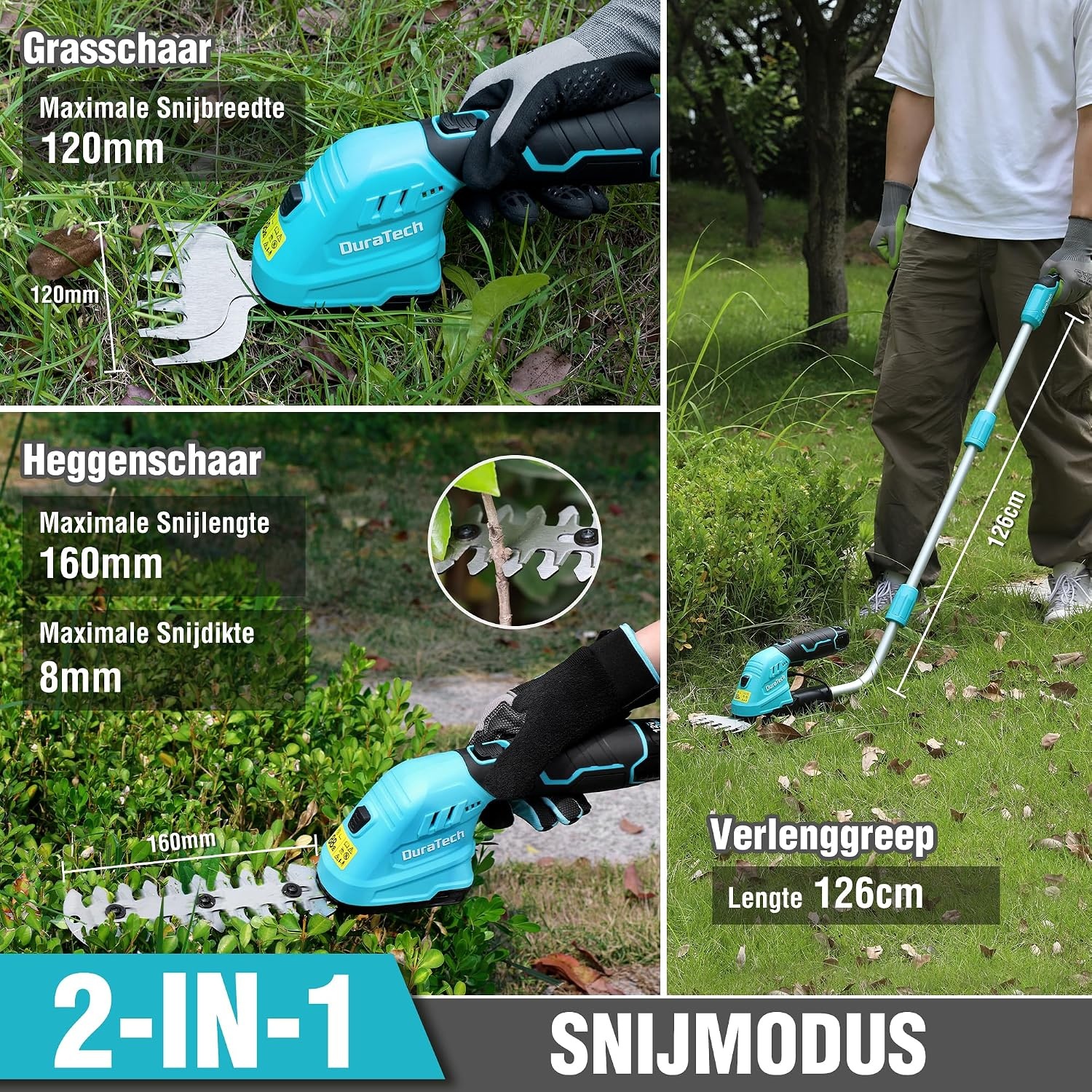 DURATECH 12V accu heggenschaar met telescoopsteel, 2-in-1 tuinschaar accu met 2Ah accupak & oplader, grasrandensnijder elektrische grasschaar, grastrimmer voor tuinieren
