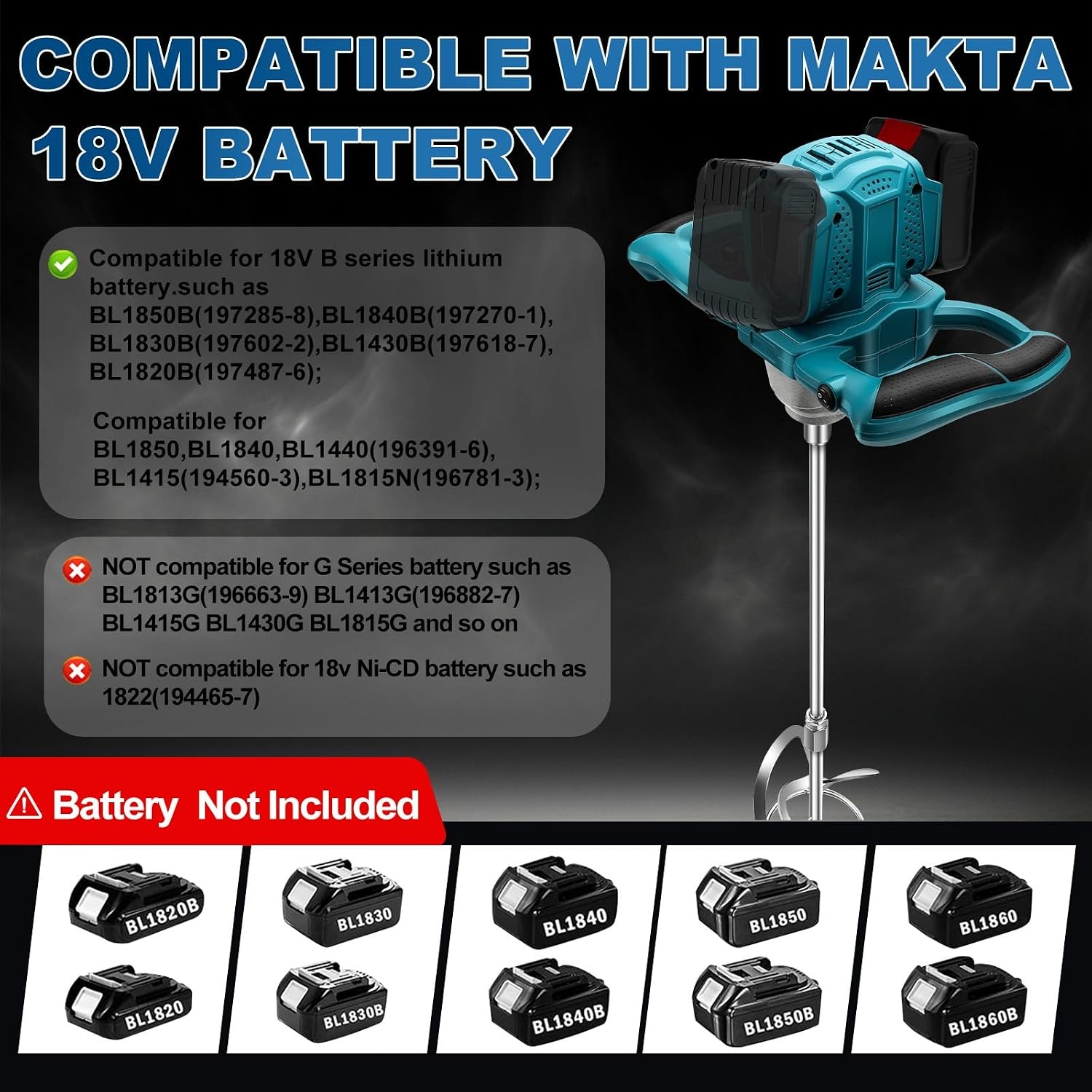 Accu-roerwerk voor verf en beton, compatibel met Makita 18V accu (zonder batterij), borstelloze mortelmixer met 6 snelheden en 2 roerquirlen, voor het mengen van voegmortel, verf, lijm