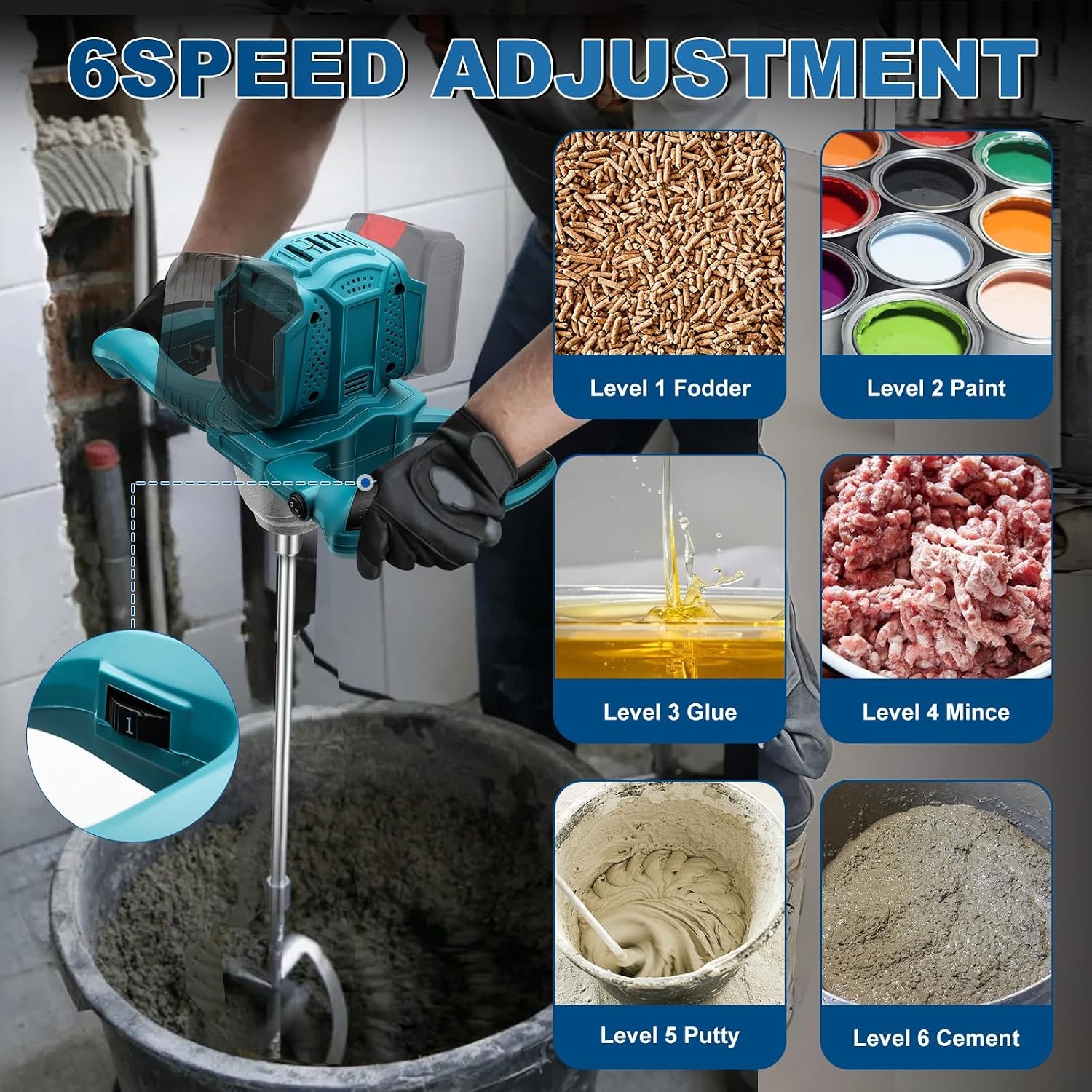 Accu-roerwerk voor verf en beton, compatibel met Makita 18V accu (zonder batterij), borstelloze mortelmixer met 6 snelheden en 2 roerquirlen, voor het mengen van voegmortel, verf, lijm