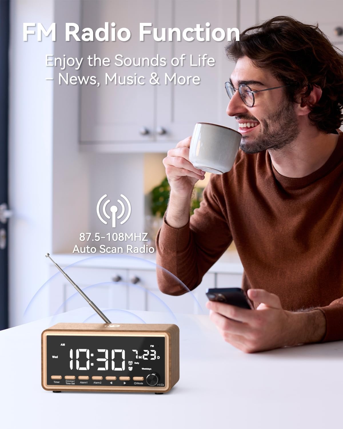 Digitale wekker met FM-radio, dubbele wekker, Bluetooth luidspreker, White Noise Machine, draadloos oplader, dimbare digitale klok - Geschenken voor mannen, verjaardagscadeau voor vrouwen, cadeau voor