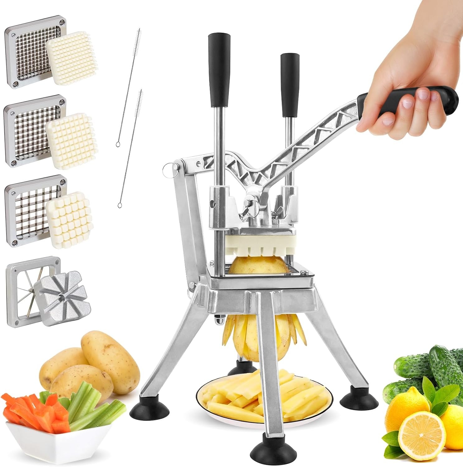 Anatole Professionele Frietsnijder - Verticale Aardappelsnijder met 6, 9 & 13 mm + 8-Wig Mesjes van RVS, Inclusief Frietpers - Handmatig voor O.a. Aardappel, Wortel, Komkommer, Ui, Citroen