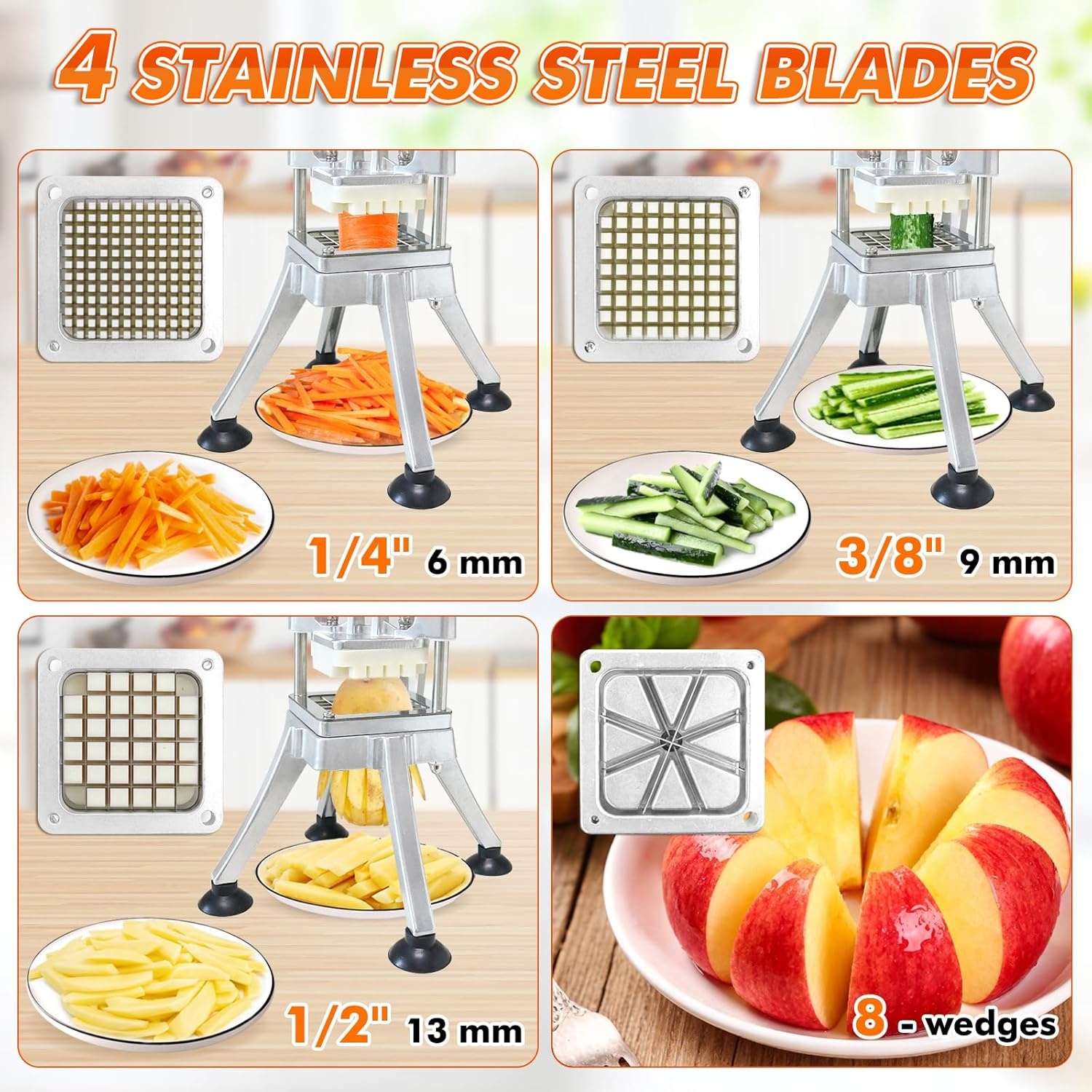 Anatole Professionele Frietsnijder - Verticale Aardappelsnijder met 6, 9 & 13 mm + 8-Wig Mesjes van RVS, Inclusief Frietpers - Handmatig voor O.a. Aardappel, Wortel, Komkommer, Ui, Citroen