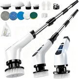 Rotary cleaning brush, 9 interchangeable brush heads, dual speed, pull-out handle, ideal for shower, tiles, kitchen and car seats