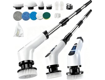 Rotary cleaning brush, 9 interchangeable brush heads, dual speed, pull-out handle, ideal for shower, tiles, kitchen and car seats