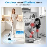 Rotary cleaning brush, 9 interchangeable brush heads, dual speed, pull-out handle, ideal for shower, tiles, kitchen and car seats