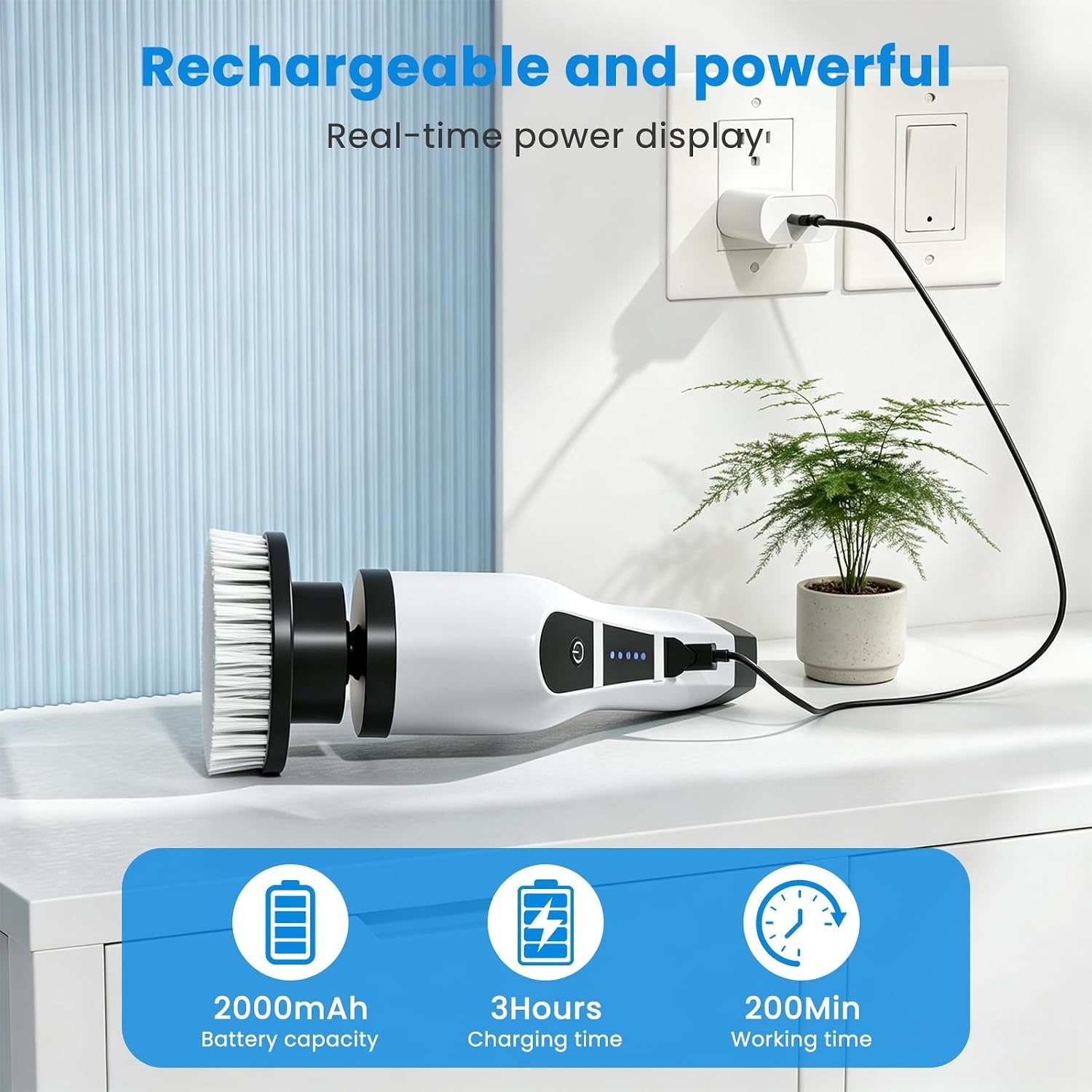 Rotary cleaning brush, 9 interchangeable brush heads, dual speed, pull-out handle, ideal for shower, tiles, kitchen and car seats