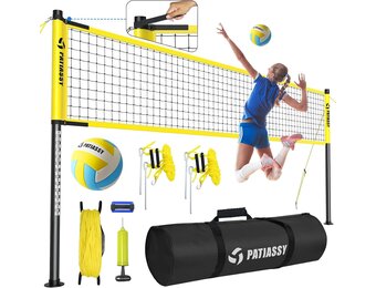 Volleybalnet voor tuin, outdoor, mobiele set met stangen, in hoogte verstelbaar volleybalnet, PU volleybal, handpomp, grenslijn, draagtas voor gazon, standaardgrootte 9,5 m x 1 m, geel