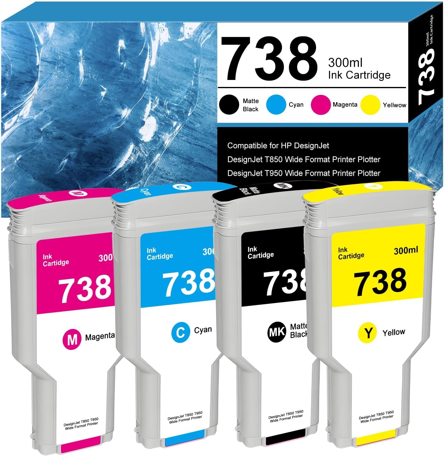 Inktcartridge Set 738XL voor HP T850 T950 | 4x 300ml | Mat Zwart, Cyaan, Magenta, Geel | 78% Korting