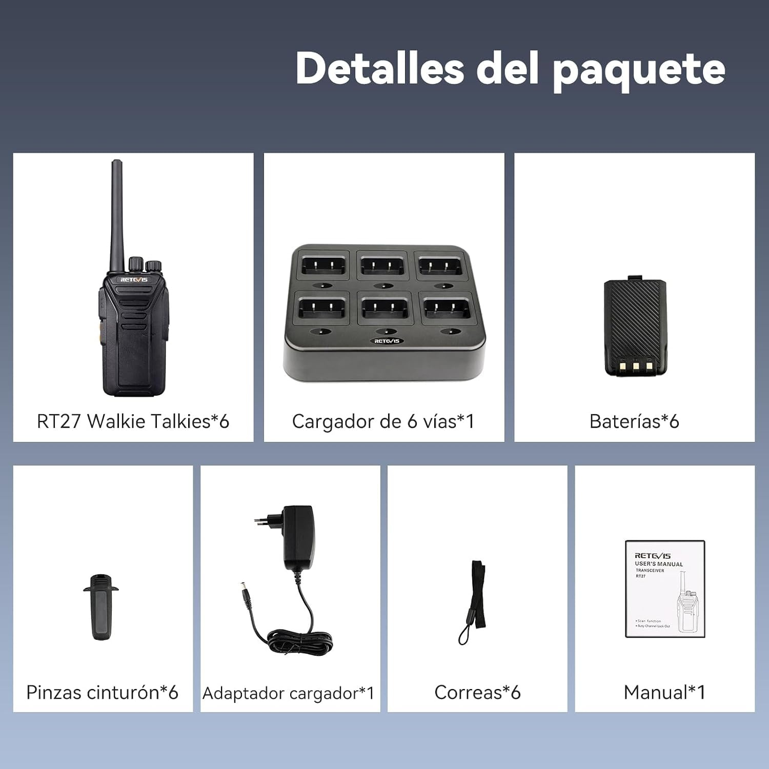 Retevis RT27 Walkie Talkie met 6-weg Lader, PMR446 Professionele Vergunningsvrije Portofoon, 16 Kanalen CTCSS/DCS VOX, Walkie-talkie voor Scholen, Grote bedrijven of Evenementen(6 Stuks, Zwart)