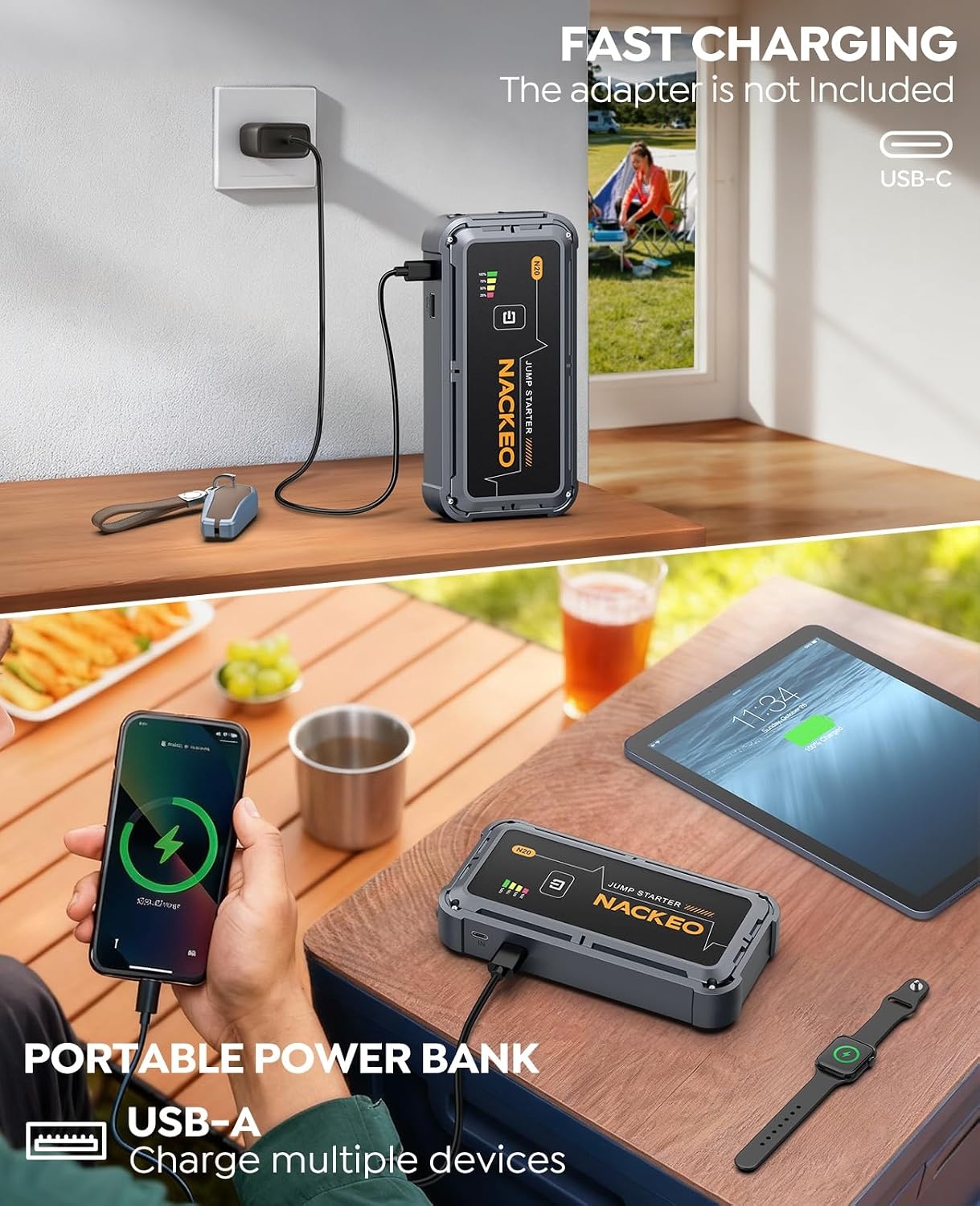Auto-starthulp, 12 V starthulp accupack met 3-modus led-zaklamp, snellaad-smart-clip, praktisch en compact, perfect voor motorfietsen, auto's, SUV's en campers