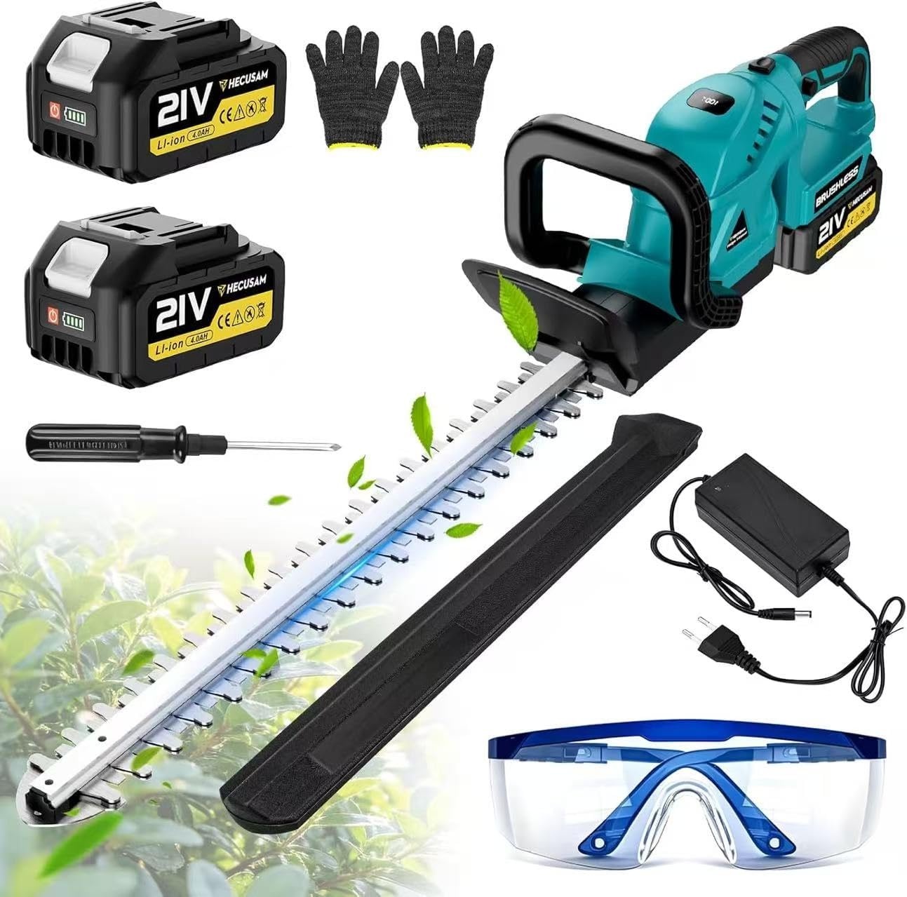 Lange heggenschaar, accu-grasschaar en struikschaar met 2 x 4,0 Ah batterijen, elektrische heggenschaar, borstelloze motor voor tuin