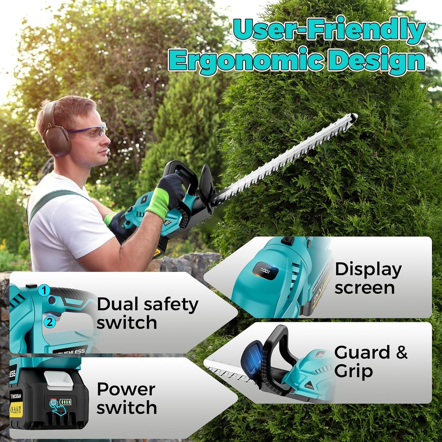 Lange heggenschaar, accu-grasschaar en struikschaar met 2 x 4,0 Ah batterijen, elektrische heggenschaar, borstelloze motor voor tuin