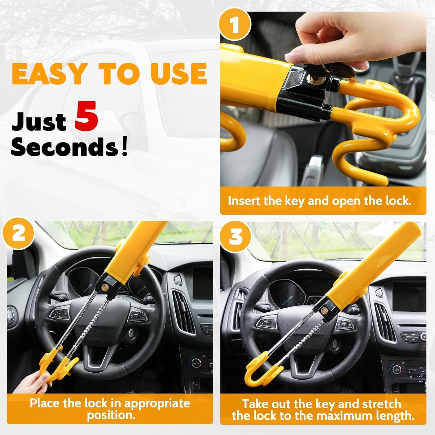 Tevlaphee Steering Wheel Lock Twin Bar, Steering Lock, Car Anti-Theft Device, High Visibility, Heavy Duty, Universal Fit, Adjustable Length,3 Keys(Yellow)