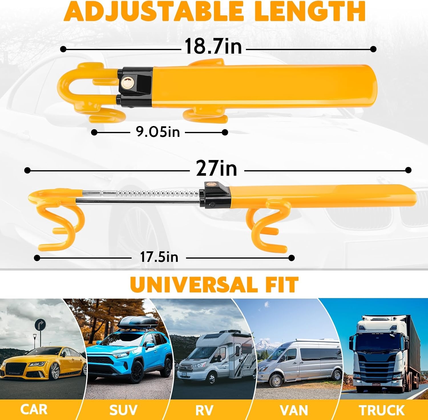 Tevlaphee Steering Wheel Lock Twin Bar, Steering Lock, Car Anti-Theft Device, High Visibility, Heavy Duty, Universal Fit, Adjustable Length,3 Keys(Yellow)