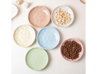 Keramische voerbakken voor katten, 6-delige set, pastelkleuren, platte kommen
