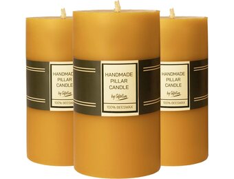 Set of 3 Pillar Candles 100% Pure Beeswax - 21 Hour Duration Smokeless with Cotton Wick - Gift for Unscented Lovers