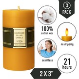 Set of 3 Pillar Candles 100% Pure Beeswax - 21 Hour Duration Smokeless with Cotton Wick - Gift for Unscented Lovers