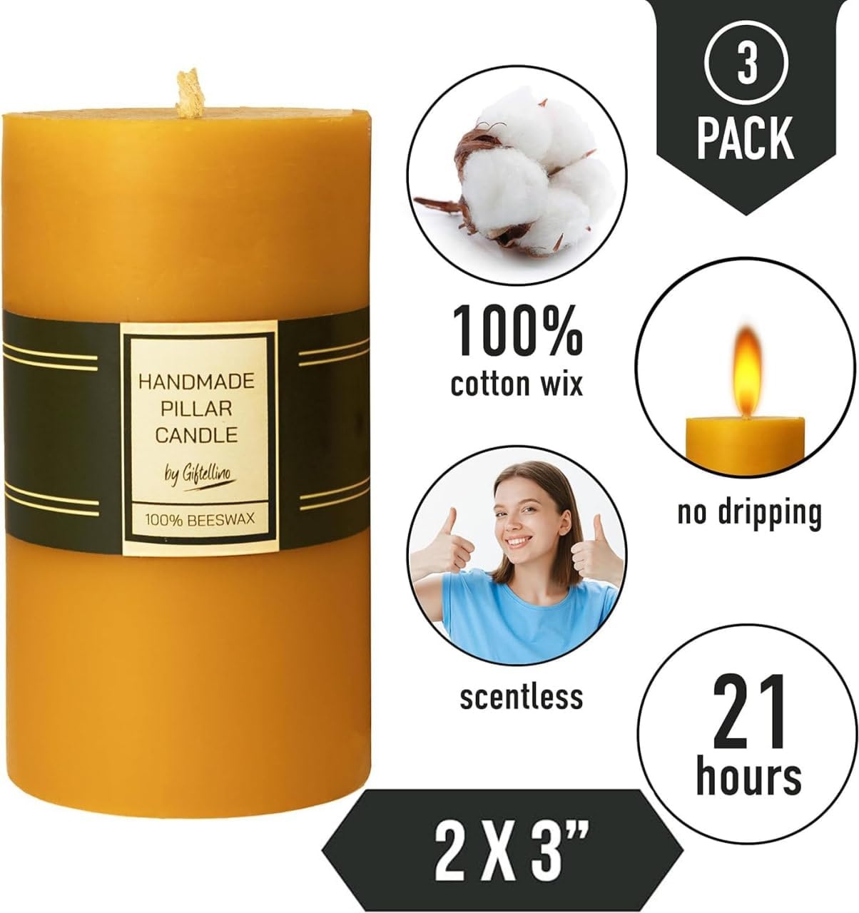 Set of 3 Pillar Candles 100% Pure Beeswax - 21 Hour Duration Smokeless with Cotton Wick - Gift for Unscented Lovers