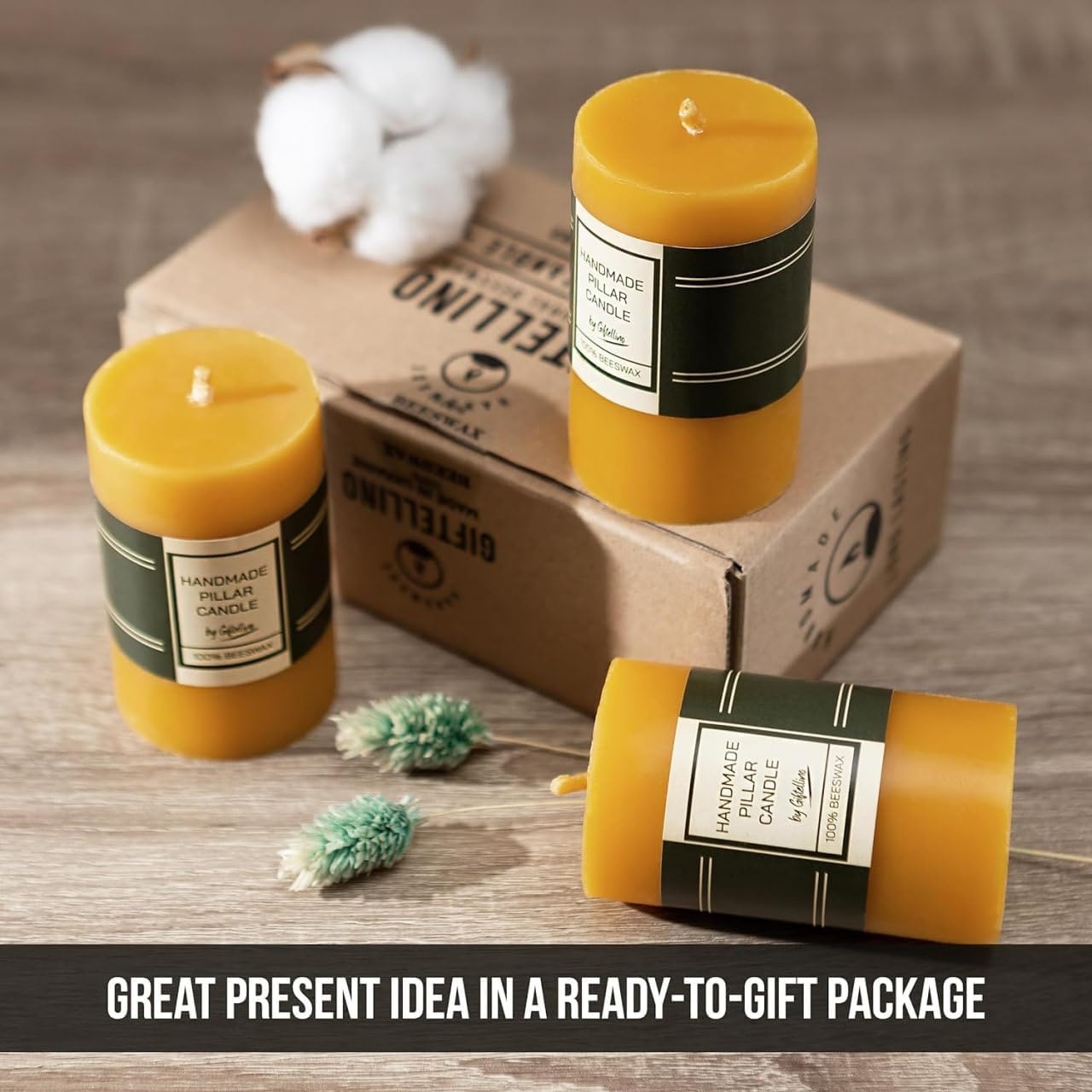 Set of 3 Pillar Candles 100% Pure Beeswax - 21 Hour Duration Smokeless with Cotton Wick - Gift for Unscented Lovers